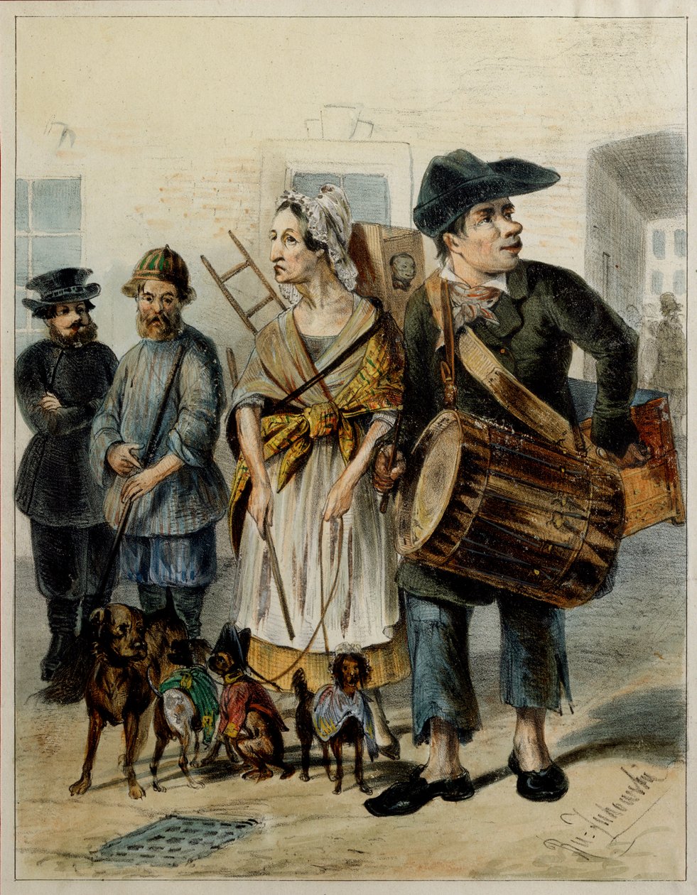 Egy szolga kiviszi a kutyákat – Rudolf Kaszimirovics Zsukovszkij (1814-1886) alkotása, akvarell és tus papíron alkotó: Rudolf Kasimirovich Zhukovsky
