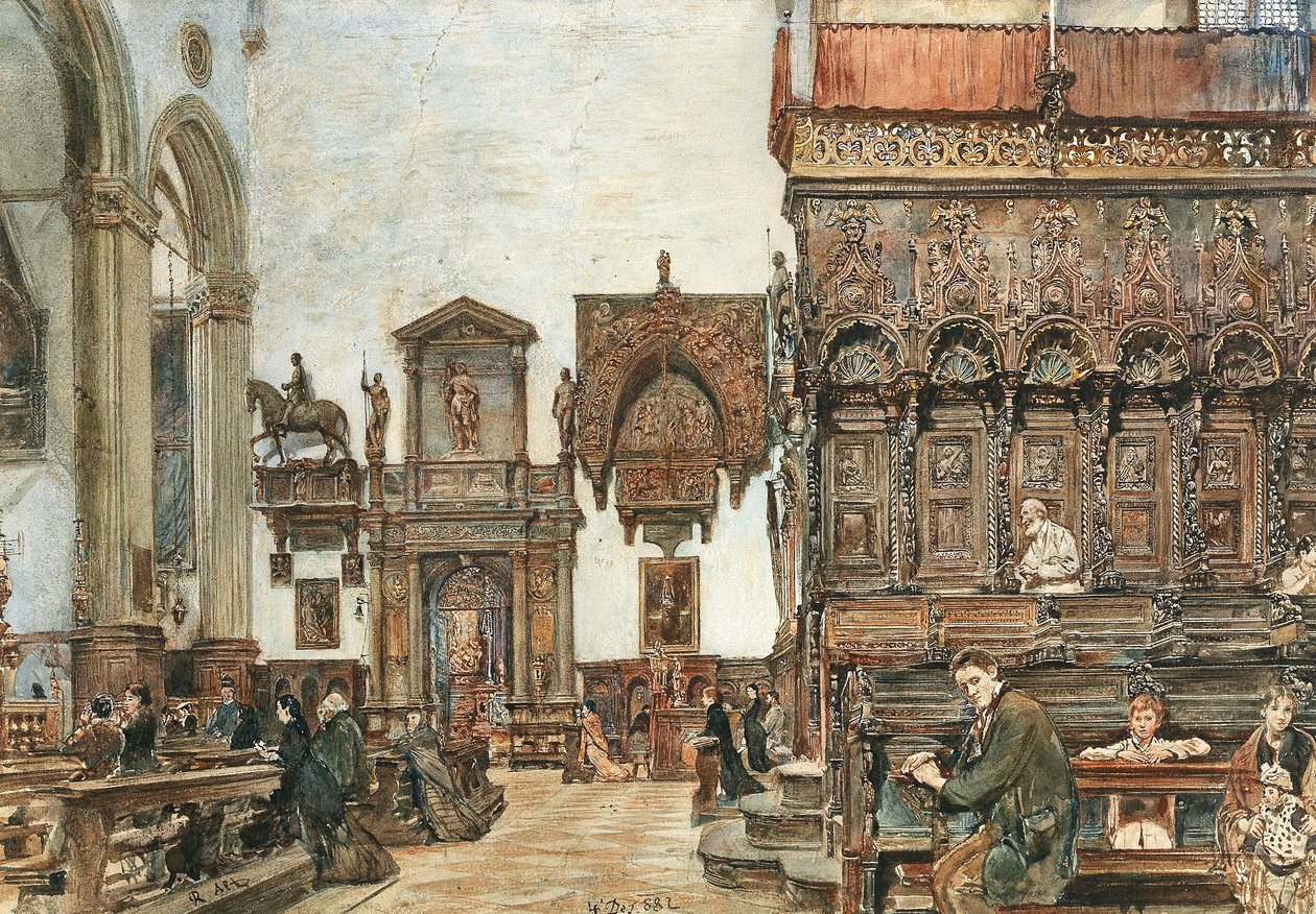 A velencei Santa Maria Gloriosa dei Frari bazilika belseje a kórusban imádkozókkal. alkotó: Rudolf von Alt