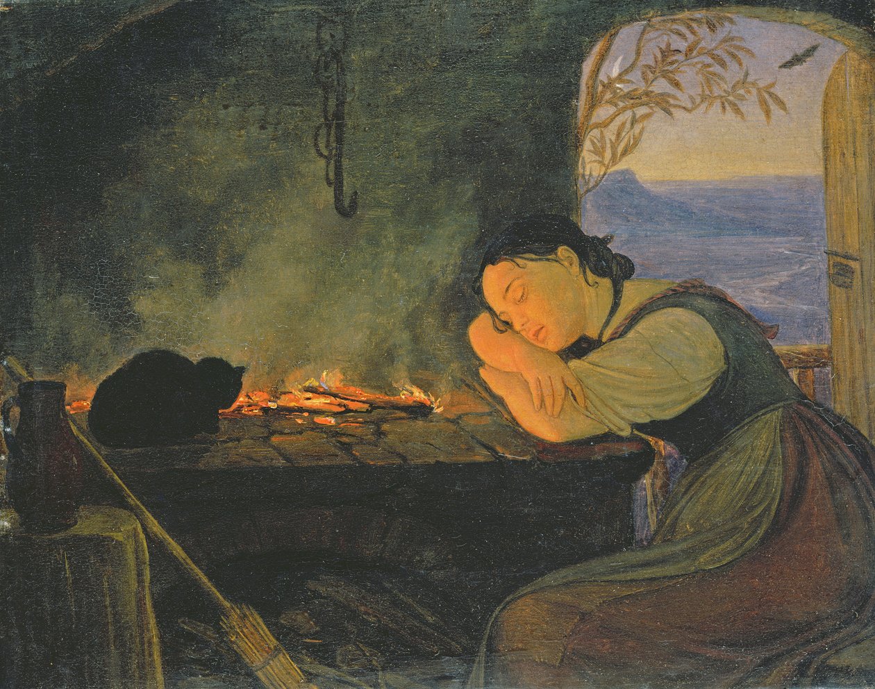 A tűz mellett alvó lány, 1843 alkotó: Rudolph Friedrich Wasmann