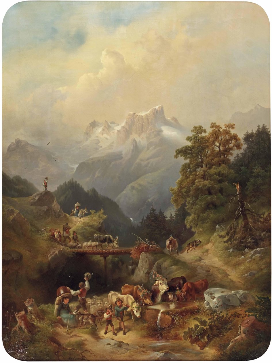 Ünnepi marhahajtás a magas hegyekben. alkotó: Rudolf Swoboda der Ältere