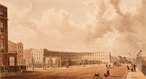 The Crescent, Portland Place, 1822-ben megjelent akvatinta alkotó: Rudolph Ackermann