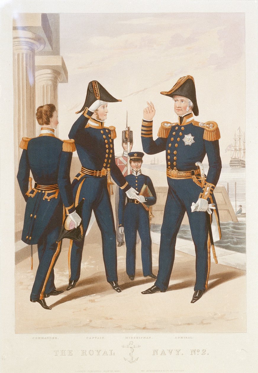 "A királyi haditengerészet. No 2. Parancsnok. Kapitány. Főtiszt. Admirális. alkotó: Rudolph Ackermann