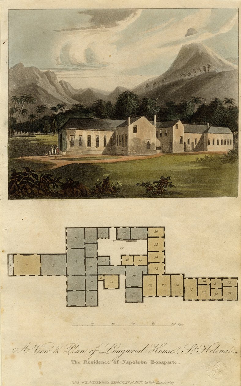 Longwood House, St. Helena nézete és terve: Bonaparte Napóleon rezidenciája, 1817 alkotó: Rudolph Ackermann