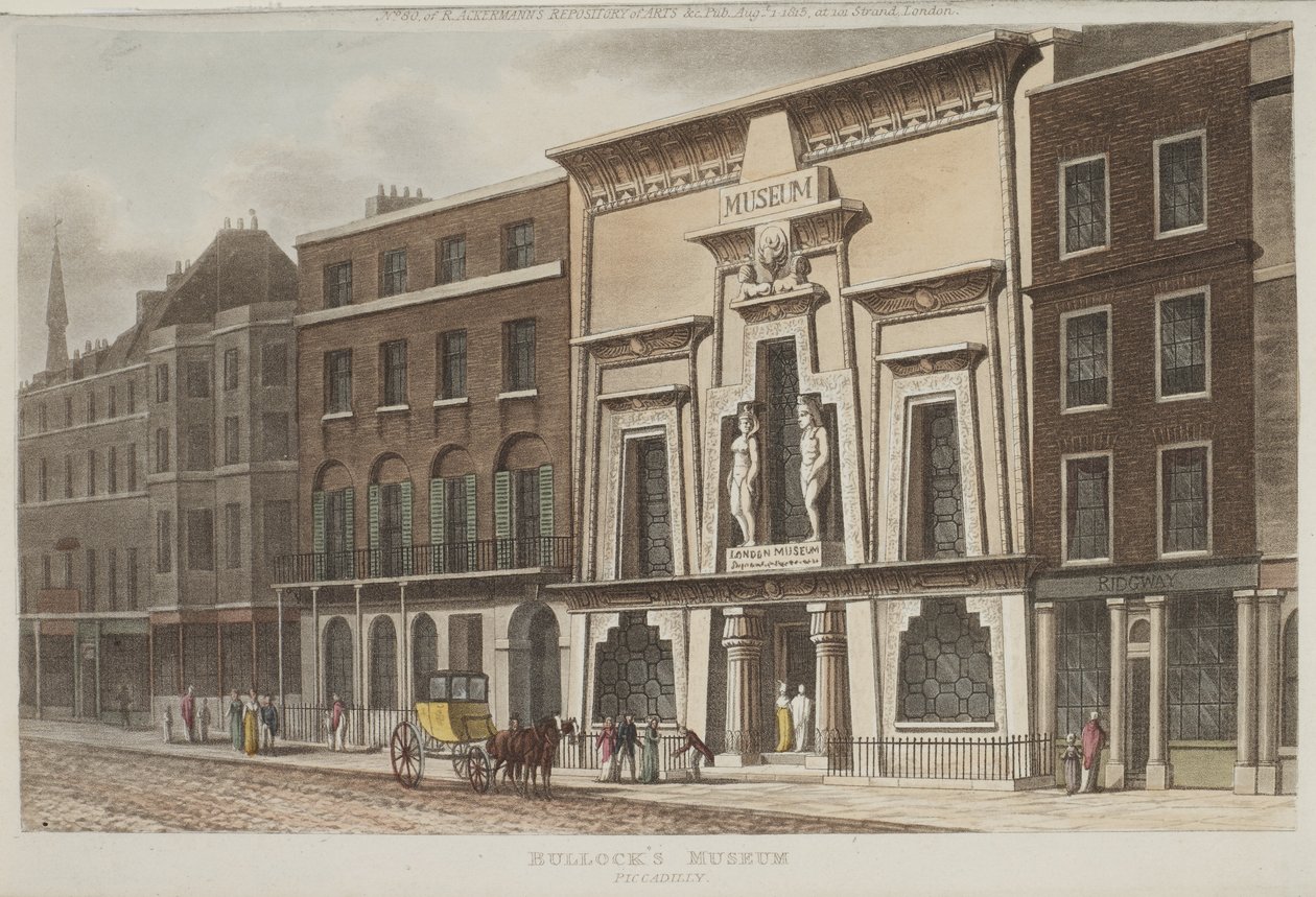 Kilátás a Bullocks Múzeumra, ismertebb nevén az Egyiptomi Csarnokra, a Piccadilly-n, 1815 (akvatinta) alkotó: Rudolph Ackermann