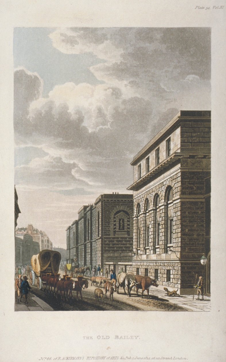 Kilátás az Old Bailey-re, északra nézve, London City, 1814 alkotó: Rudolph Ackermann