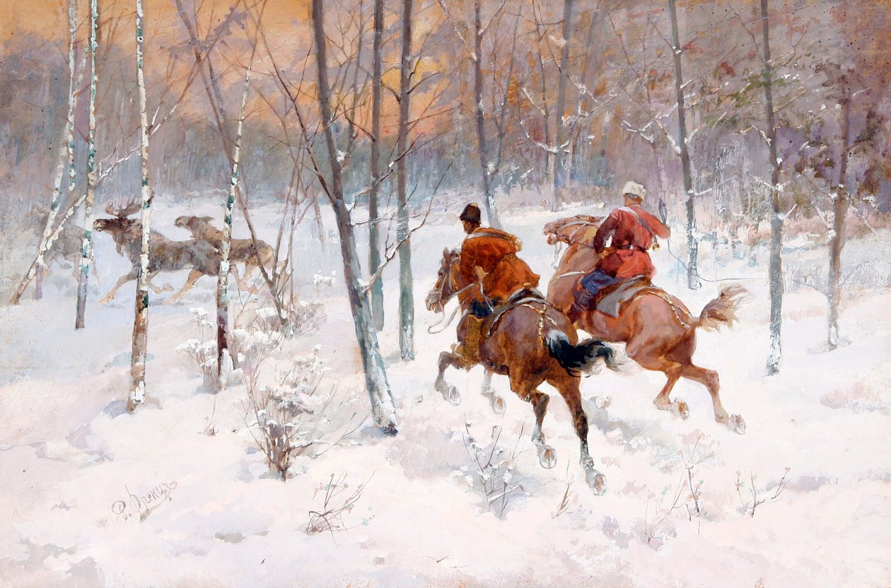 Elk Hunting - Elk Hunting by Frenz, Rudolf Ferdinandovich (1831-1918), - Akvarell, Gouache, papír, 39,5x60 - Magángyűjtemény alkotó: Rudolph Frenz