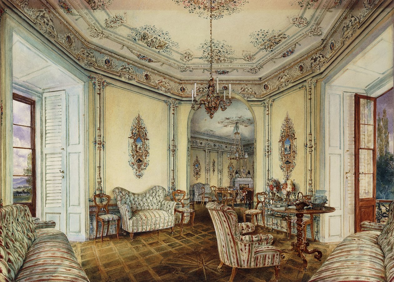 Egy obertwaltersdorfi kastély szalonjának belső képe; Az obertwaltersdorfi kastély szalonjának belső képe, alkotó: Rudolf von Alt