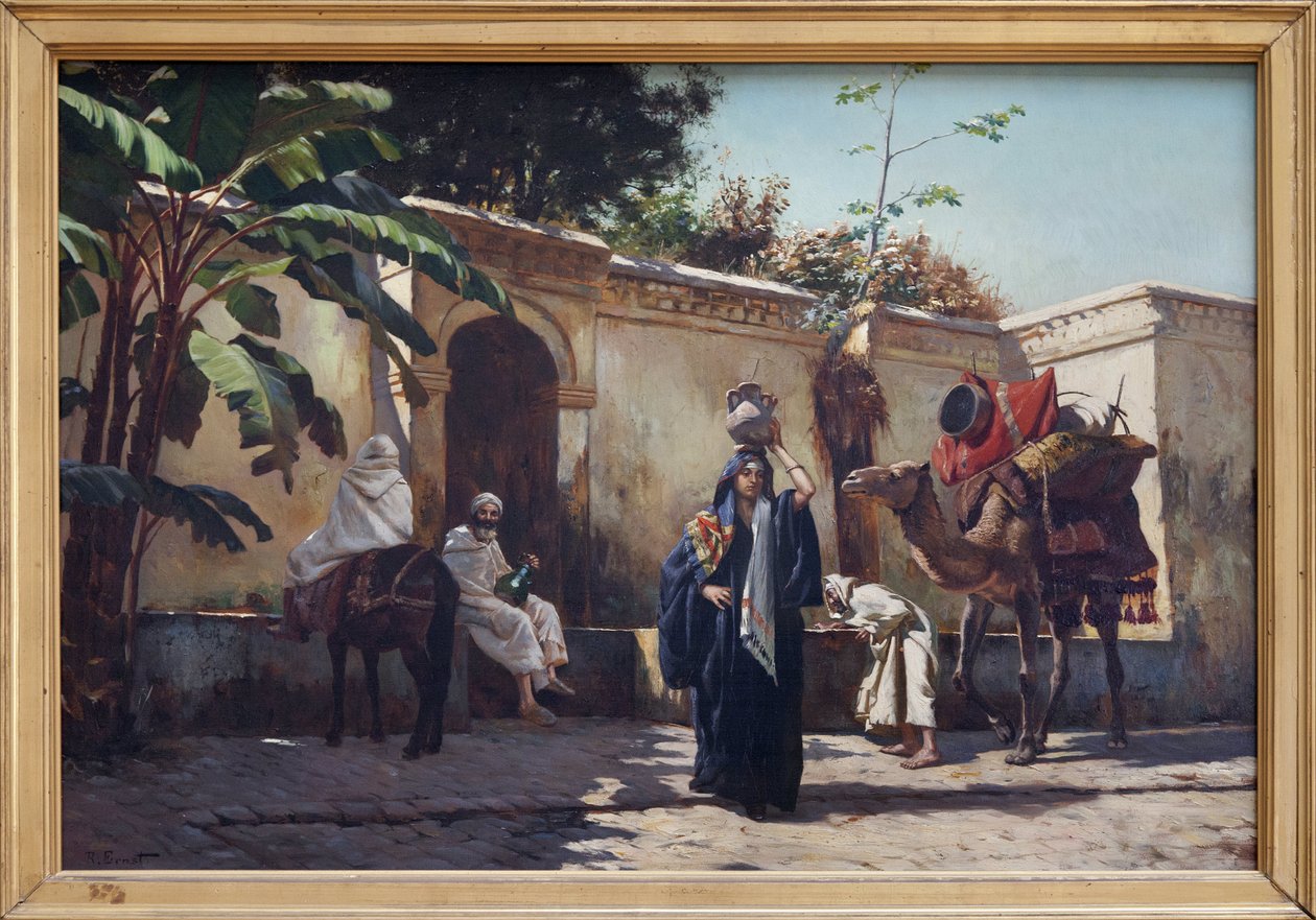 Marokkói jelenet, Rudolph (vagy Rudolphe) Ernst (1854-1932) olajfestménye fára, a mindennapi élet jelenete egy szökőkút körül. Fényképészet, KIM Youngtae, Nantes, Musee des Beaux Art de Nantes. alkotó: Rudolphe Ernst