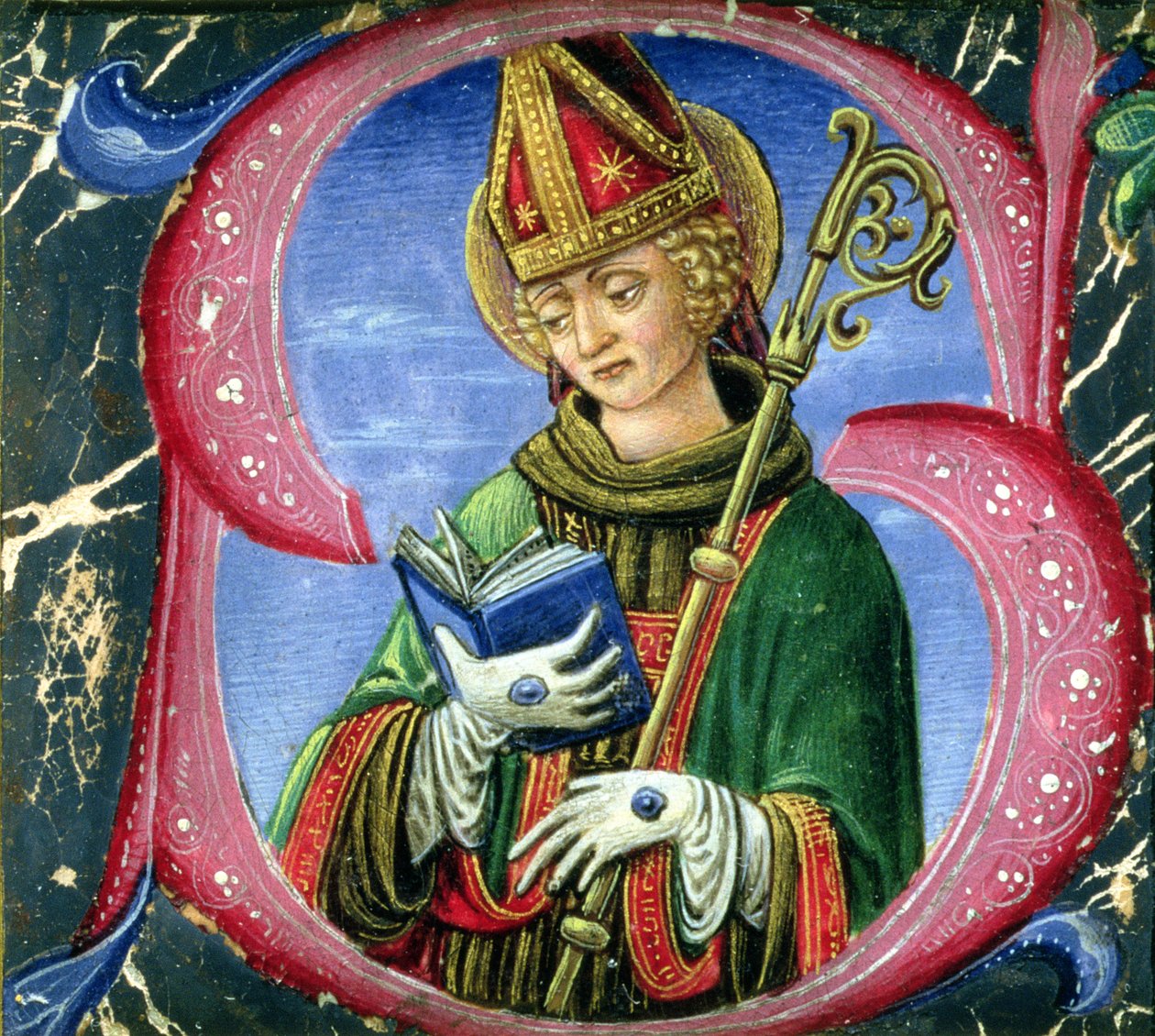Történelmi kezdetű S, amely egy Szent püspököt ábrázol, 1470 körül alkotó: Russi Francesco di Giovanni de
