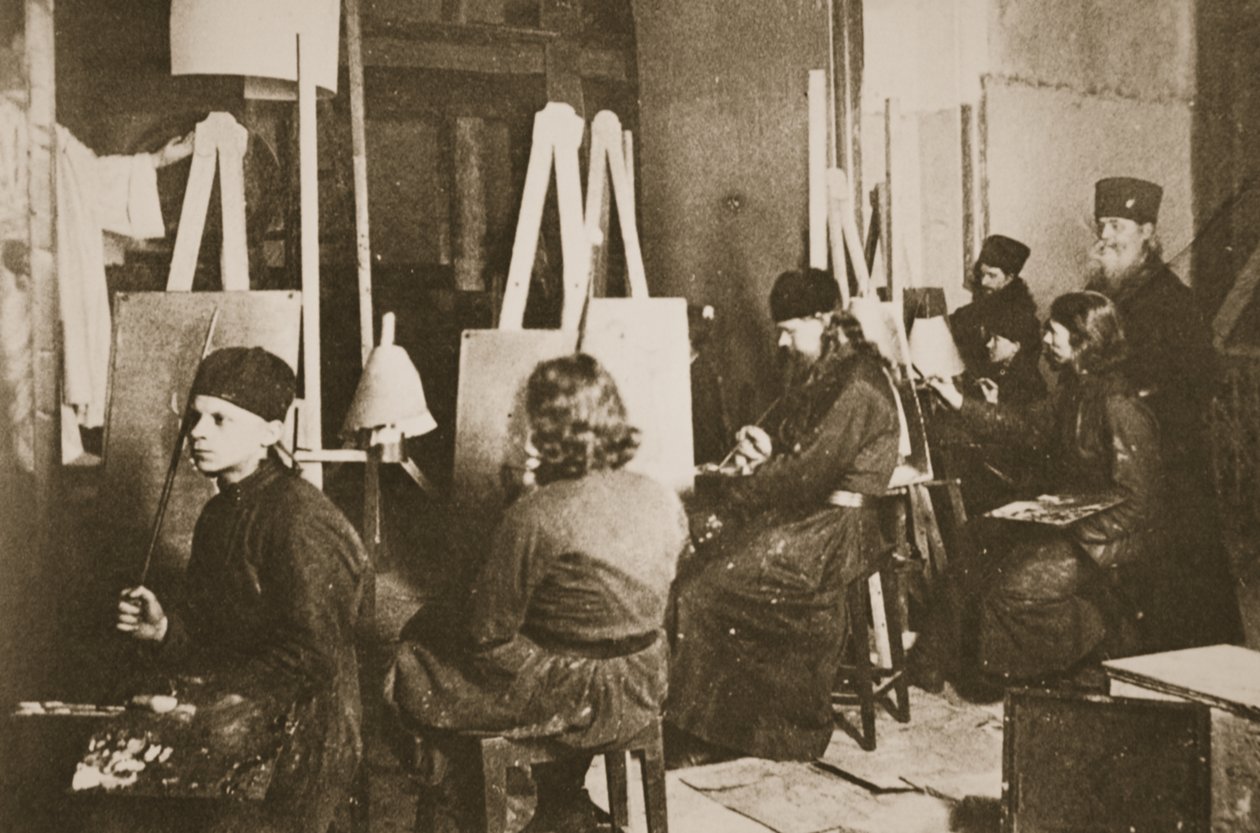 Ikonfestmény a Ladoga-tó melletti Valamo kolostorban, 1885 körül (szépia fotó) alkotó: Russian Photographer