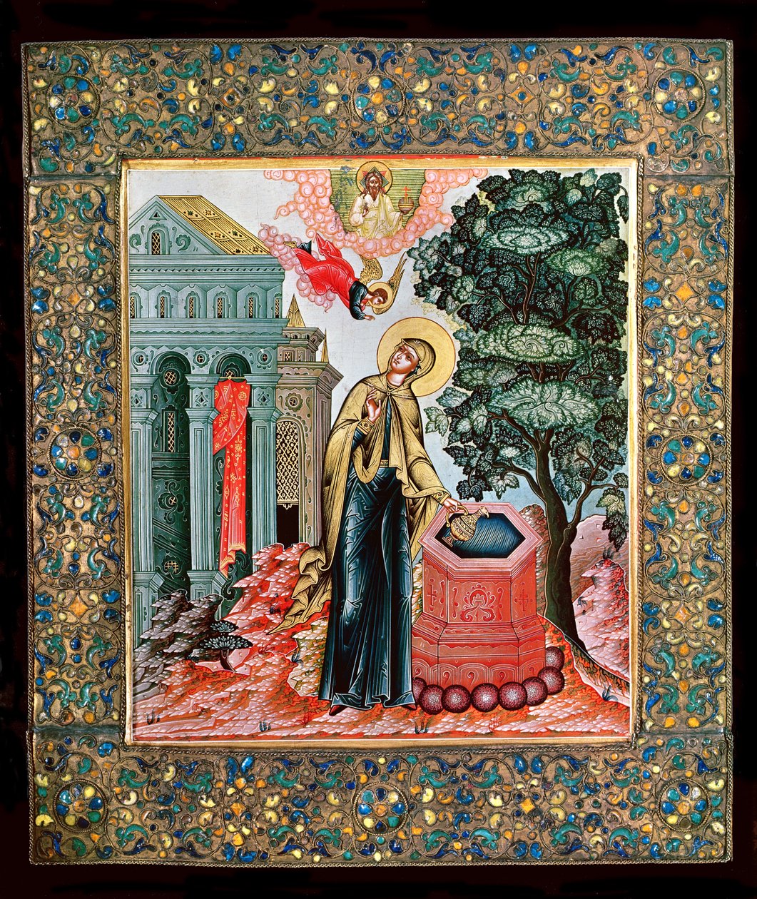 Angyali üdvözlet a szökőkútnál (olaj, féldrágakövekkel készült panel) alkotó: Russian School