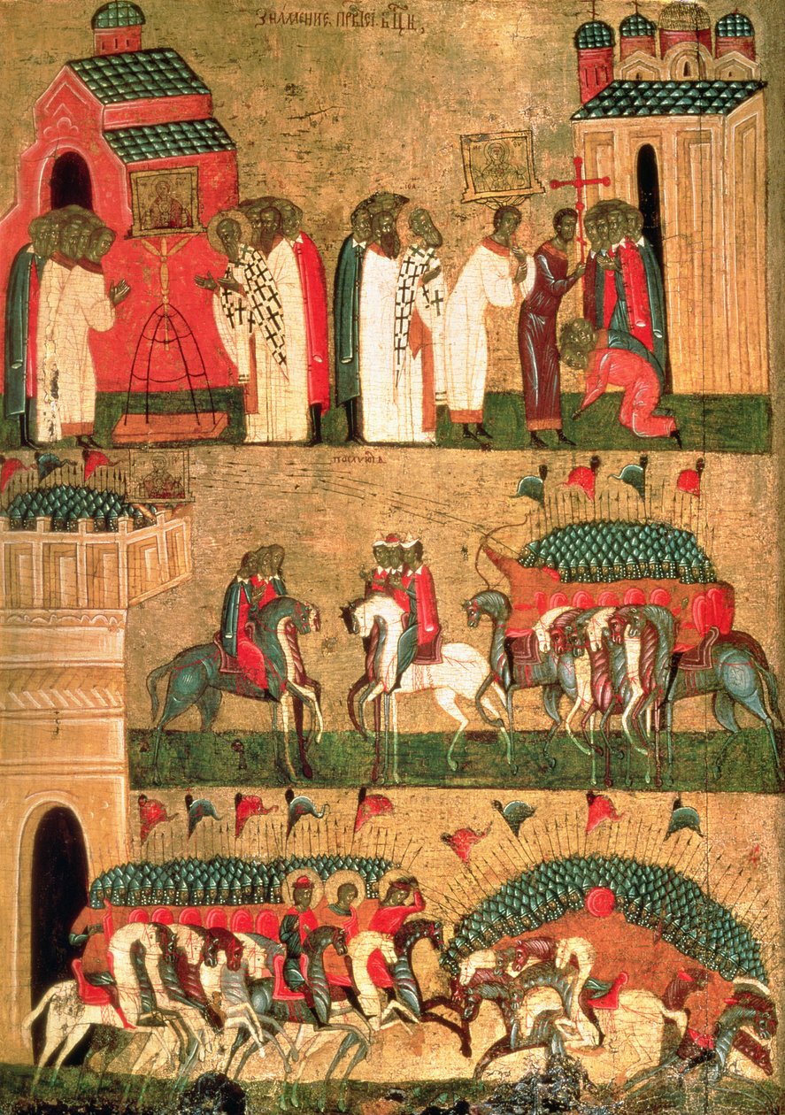 Novgorodi csata a szuzdaliakkal, Novgorodi iskola, 15. század közepe (tempera és arany a táblán) alkotó: Russian School