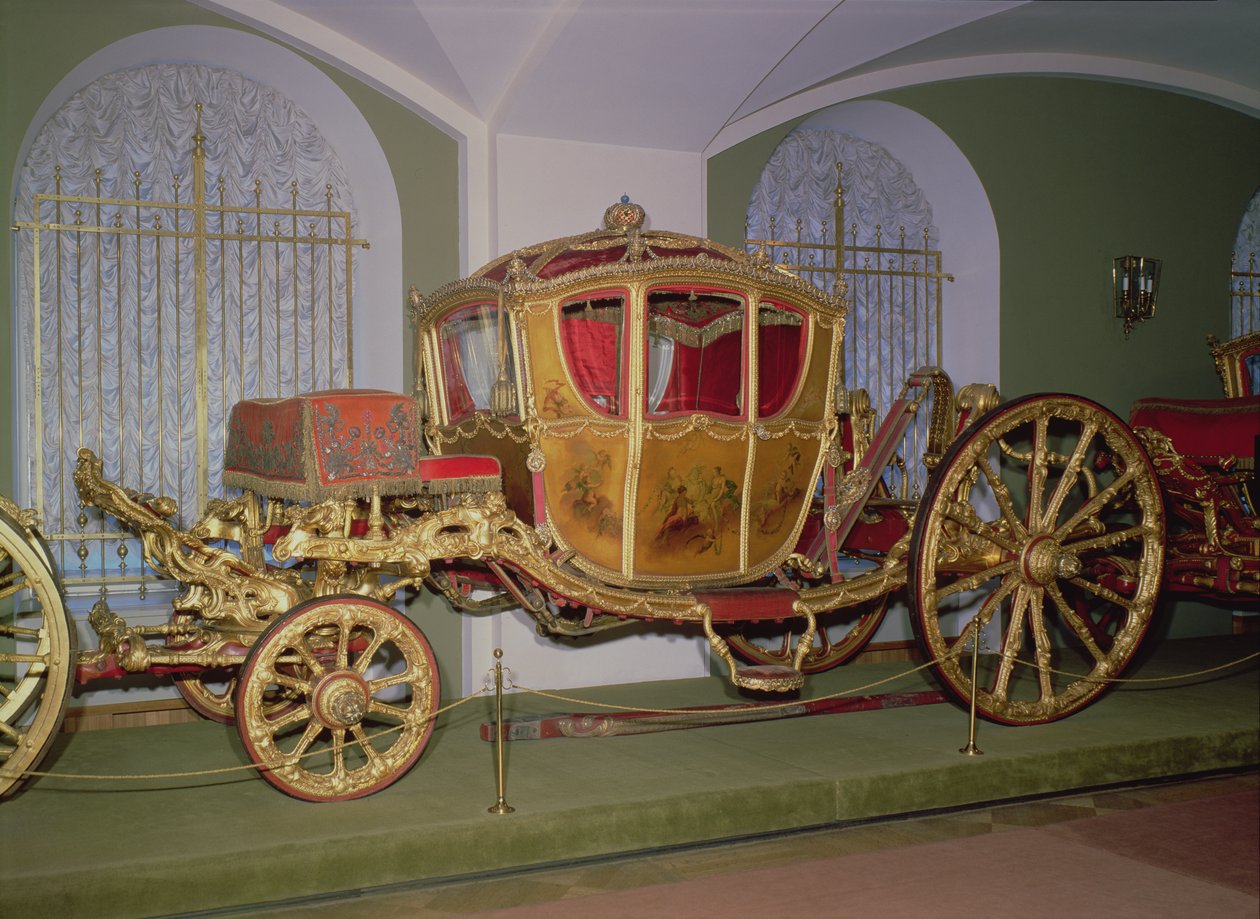 II. Katalin császárné berlini hintója, fa, dombornyomott bronz, faragás és aranyozás gesso alapon, festett táblák, Szentpétervár, 1769 alkotó: Russian School