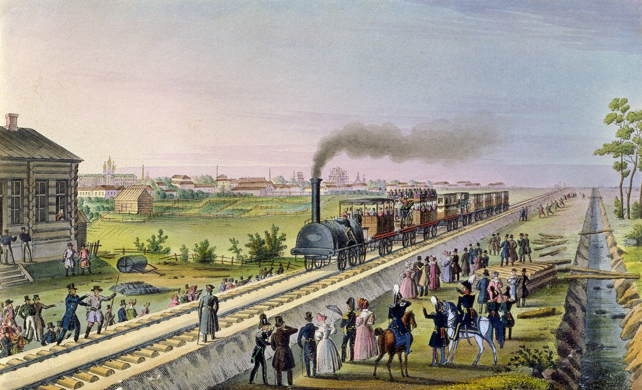 A Carskoe Selo és Pavlovsk közötti első vasútvonal megnyitása 1837-ben alkotó: Russian School