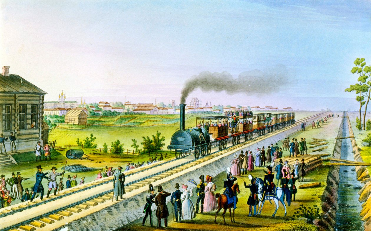 Az első vasútvonal megnyitása Szentpétervárról Pavlovszkba, Oroszországba, 1830-as évek. alkotó: Russian Master