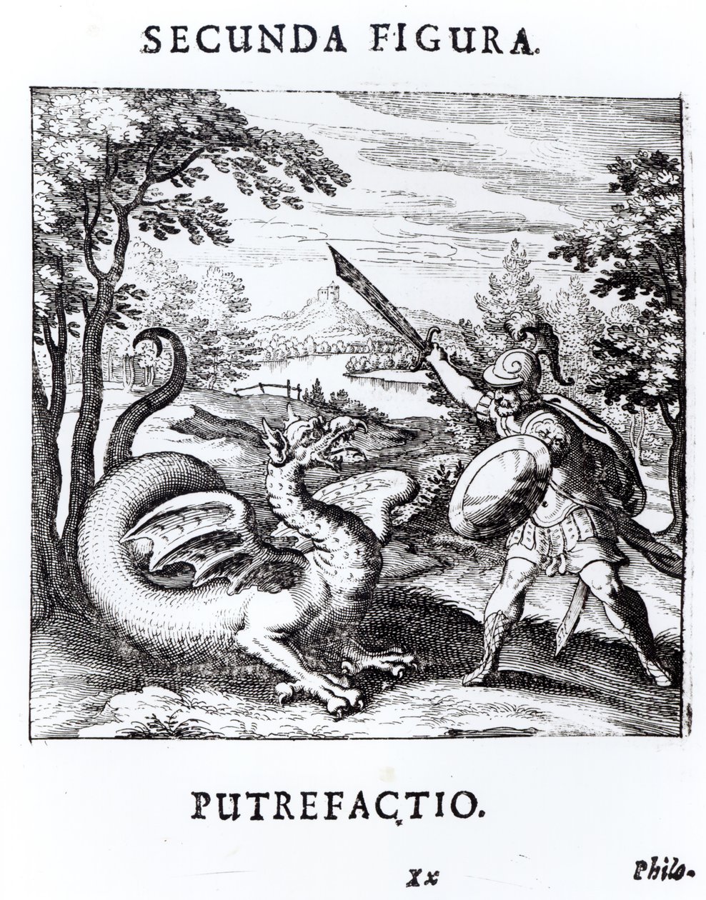Egy lovag, aki legyőzi a sárkány által megtestesített „Rot”-ot, Basil Valentine „Musaeum Hermeticum Reformatum” című művéből, 1678 alkotó: Russian School