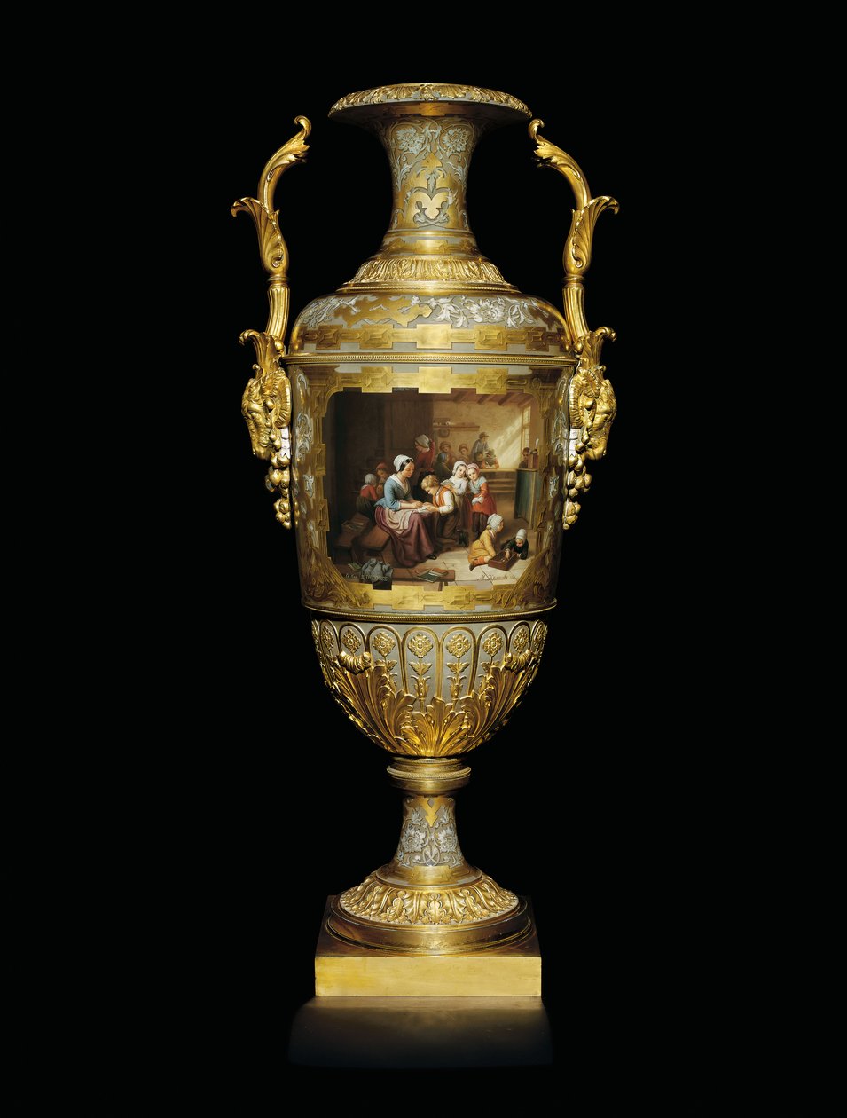 II. Sándor kétnyeles porcelán és aranylevél váza, iskolai szoba jelenettel festve B után, 1866 alkotó: Russian School