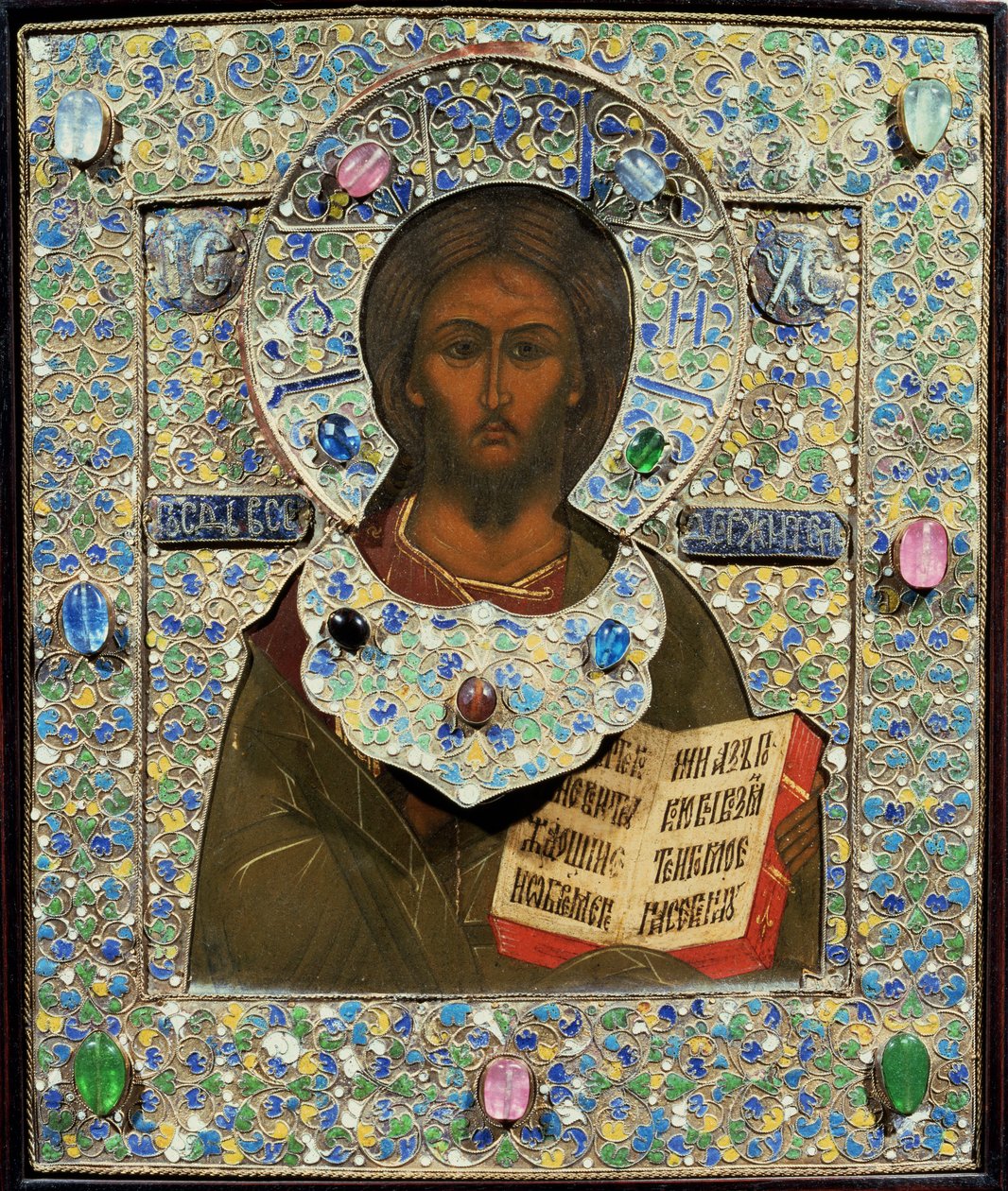 Pantokrátor Krisztus, ikon (tempera a panelen, aranyozott és cloisonne zománcozott kerettel) alkotó: Russian School