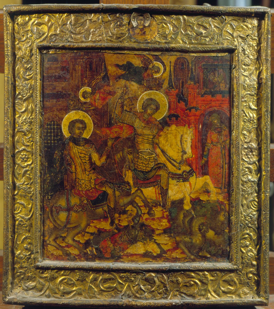 Szent Györgyöt és Szent Demetriust ábrázoló ikon, 1676 körül (tempera a panelen) alkotó: Russian School
