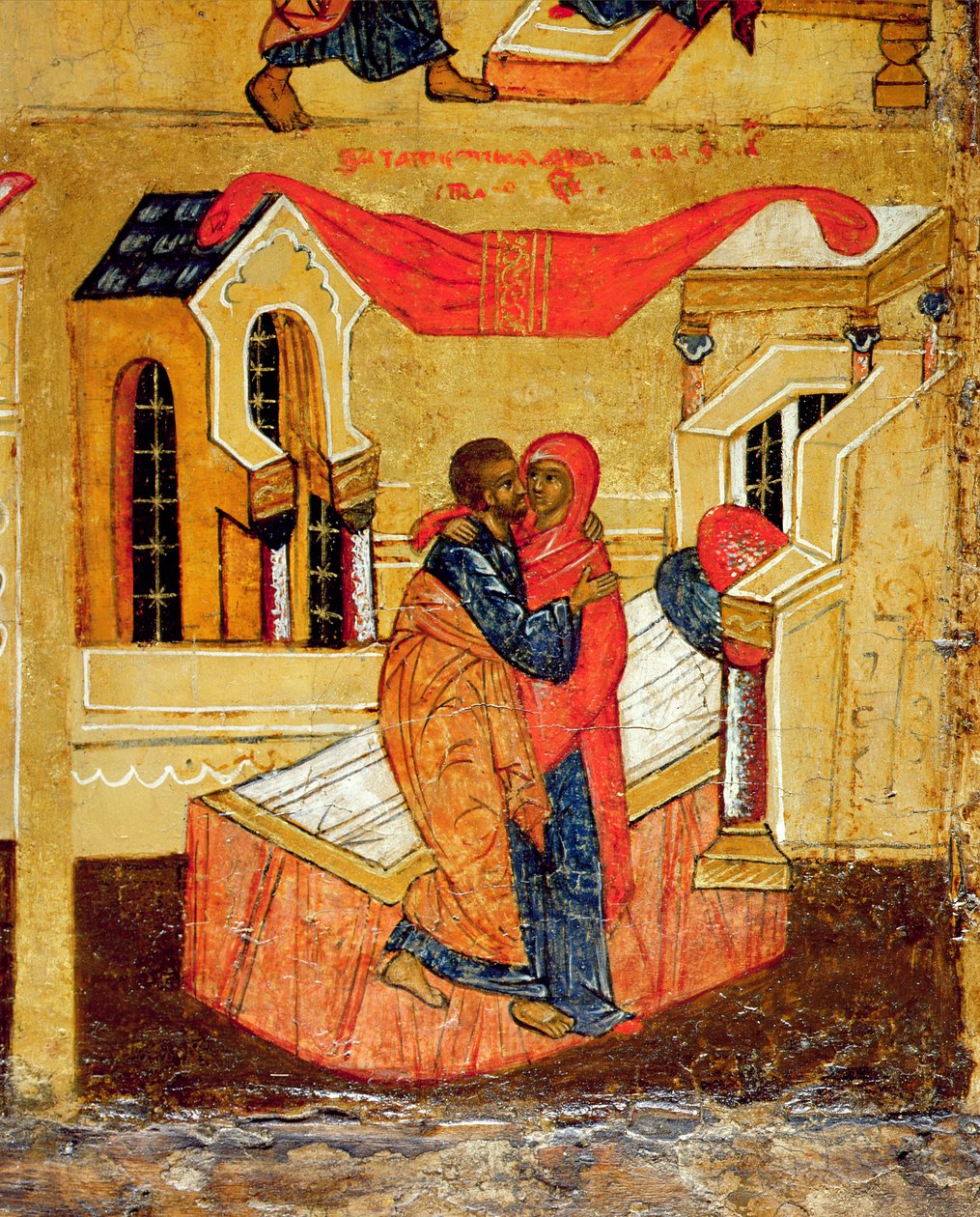A Golden Gate-i találkozót ábrázoló ikon, 1550 körül (tempera és aranylevél a panelen) (314500 részlet) alkotó: Russian School