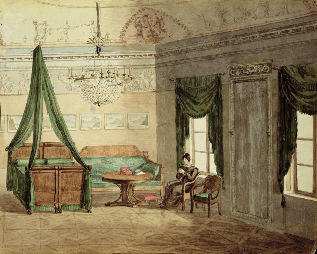 Neoklasszikus hálószoba, 1819 (wc papíron) alkotó: Russian School
