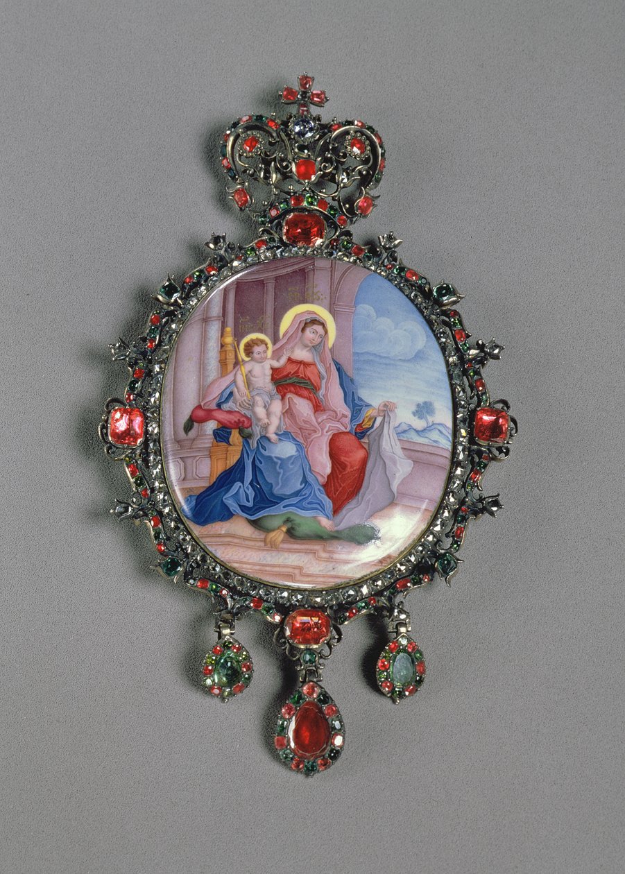 Panagia miniatűr Madonnával és gyermekével (festett zománc és dombornyomott ezüst készlet ékszerekkel) alkotó: Russian School