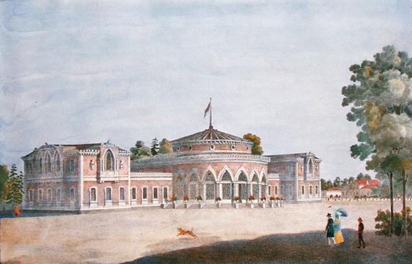 Vasútállomás és francia étterem a Katalin parkban, 1824 alkotó: Russian School
