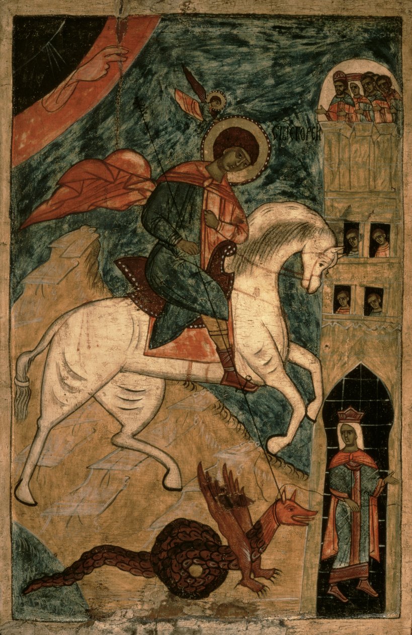 Szent György és a sárkány, orosz ikon Vologdából, 15. század (tempera a táblán) alkotó: Russian School
