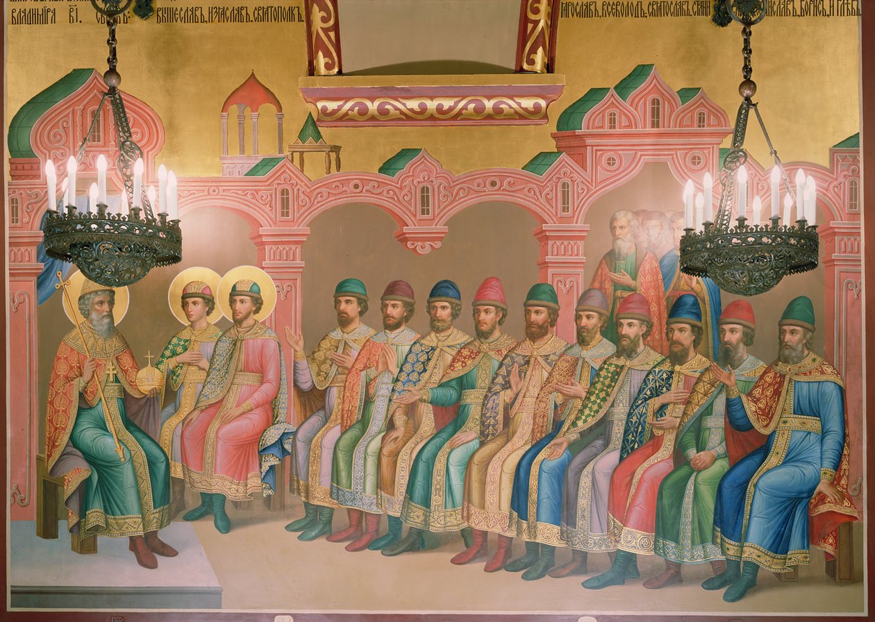 Szent Vlagyimir, Kijev nagyhercege és fiai, Palekh mesterek falfestménye a fazettás kamrában, 1882 (falfestmény) alkotó: Russian School