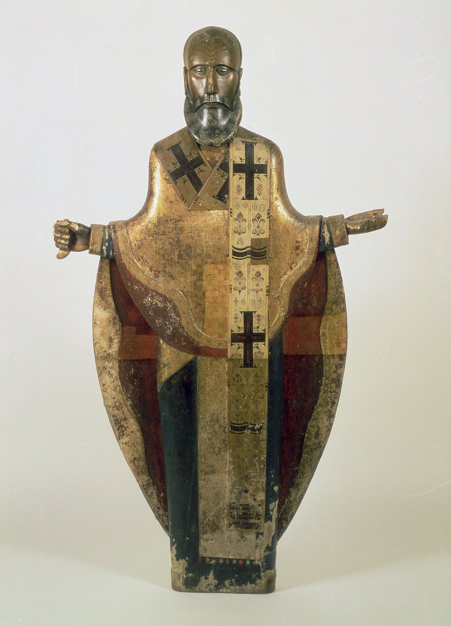Mozajszki Szent Miklós szobor, orosz, 16. század vége (fa, díszes brokát, gesso, tempera) alkotó: Russian School
