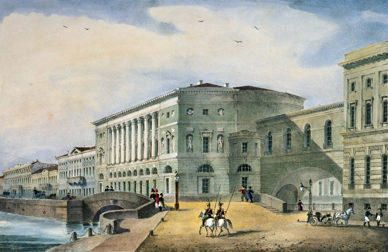 Az Ermitázs Színház a Vaszilij-szigetről nézve, 1822 alkotó: Russian School