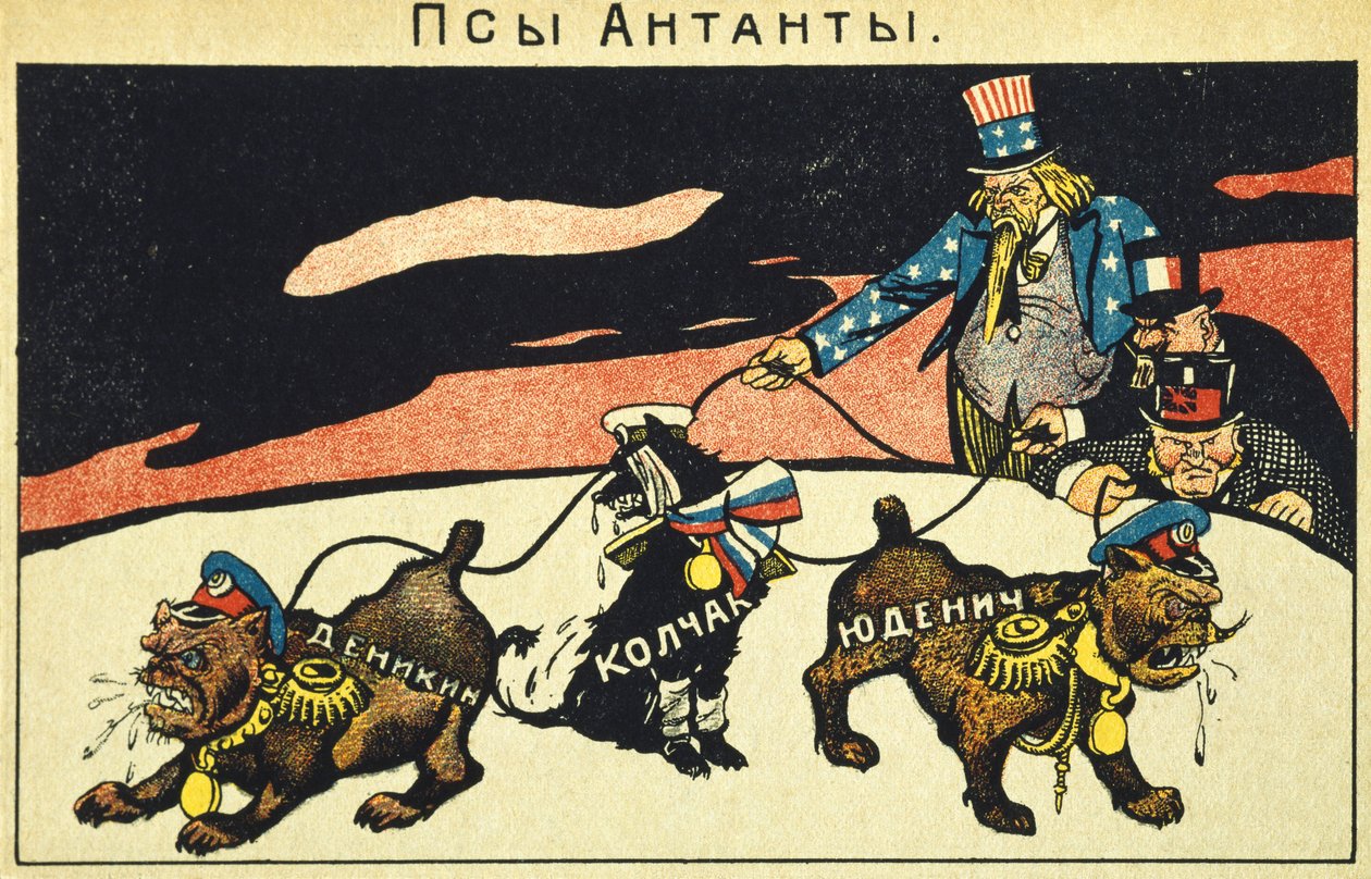 A kapitalisták elszabadítják kutyáikat, bolsevik propaganda kiáltvány, orosz forradalom, Oroszország, 20. század (metszet) alkotó: Russian School