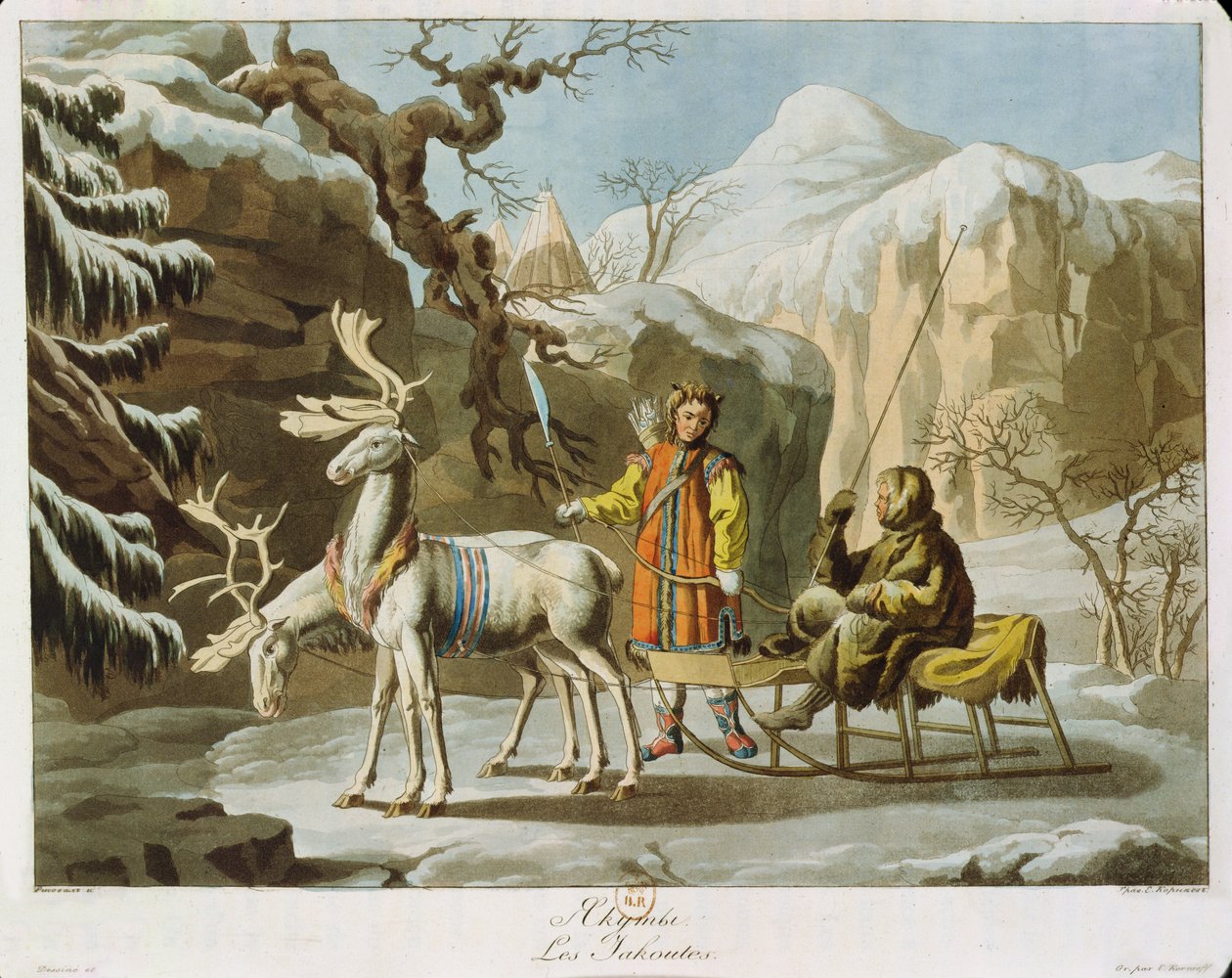 Közép-Szibéria jakutjai téli tájban, prémekbe öltözve, rénszarvas szánkóval, 1813-ban (akvatinta) alkotó: Russian School