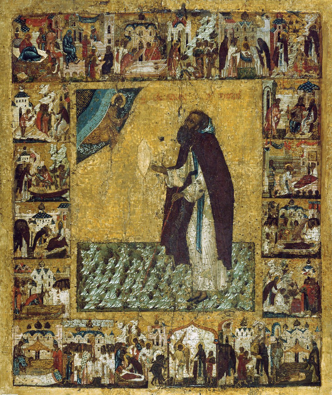 Khutyn-i Szent Barlaam jelenetekkel életéből, 1560-as évek. alkotó: Russian icon.