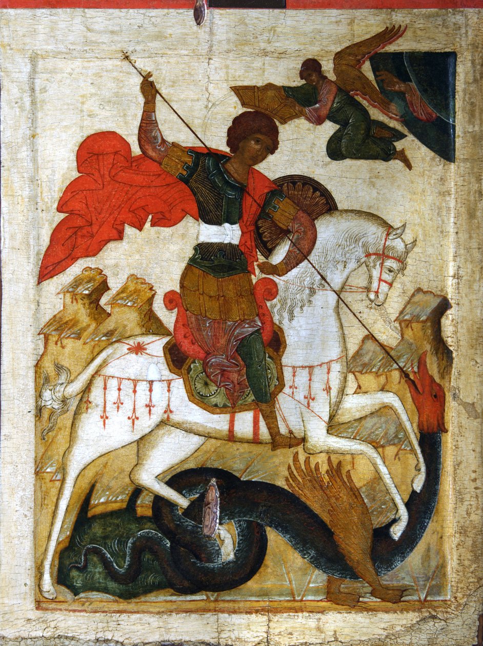 Szent György és a sárkány, 16. század eleje. alkotó: Russian icon.