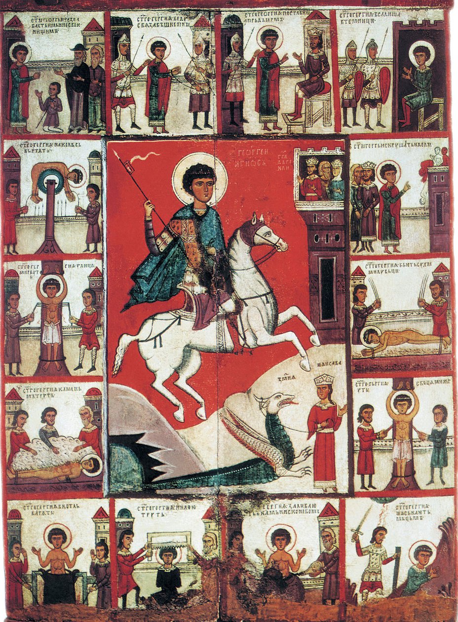 Szent György életének jeleneteivel, 14. század. alkotó: Russian icon.
