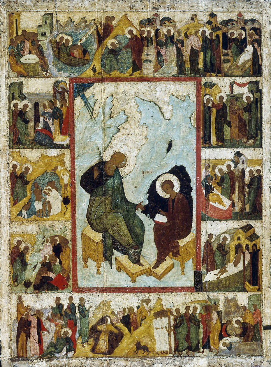 Szent János evangélista Patmoszon élete jeleneteivel, 16. század eleje. alkotó: Russian icon.