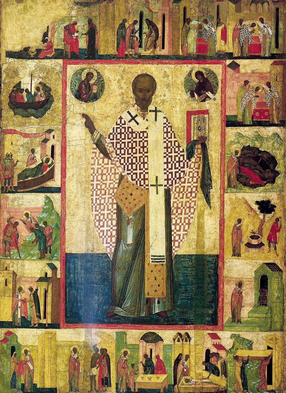 Zaraiski Szent Miklós jelenetekkel életéből, 16. század eleje. alkotó: Russian icon.