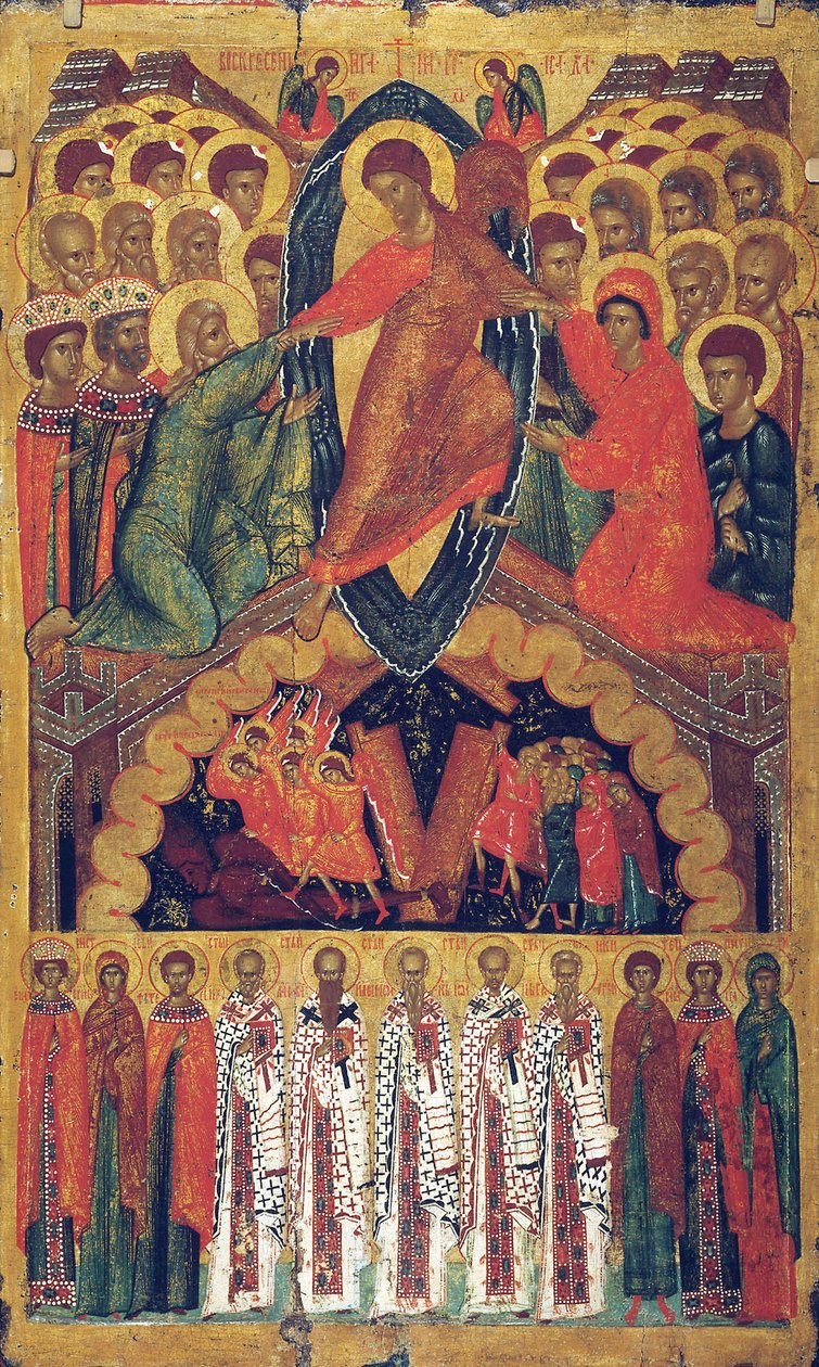 A pokol alászállása válogatott szentekkel, 15. század vége. alkotó: Russian icon.