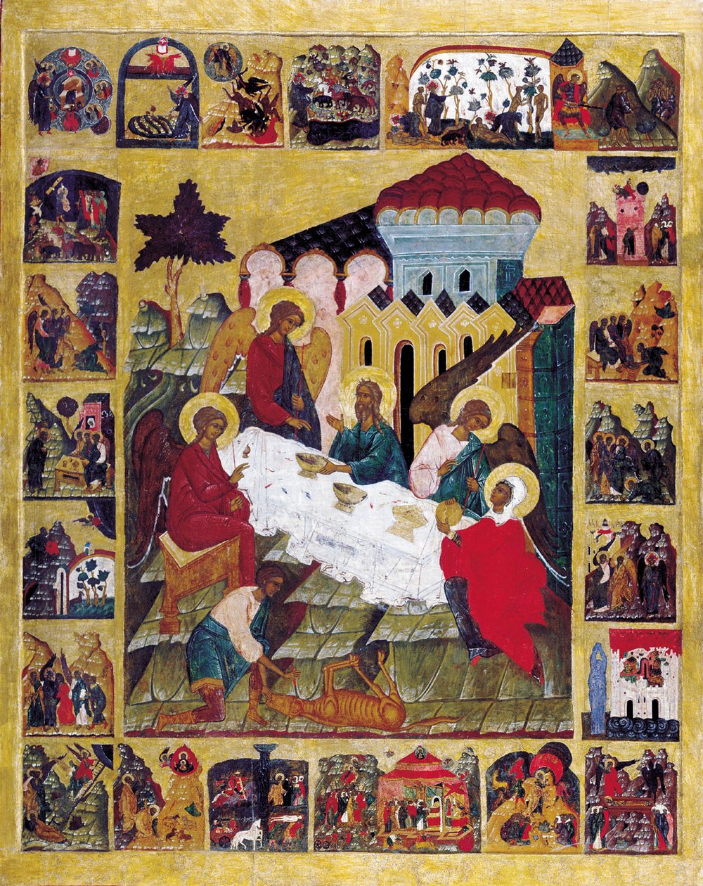 Az Ószövetségi Szentháromság jelenetekkel a Genezisből, c1580. alkotó: Russian icon.
