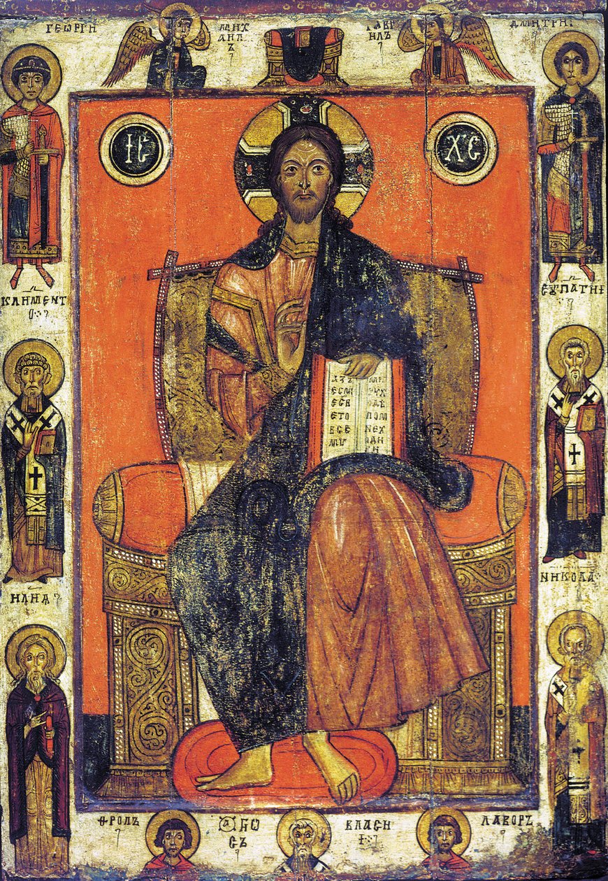 A kiválasztott szentekkel trónoló Megváltó, 13. század vége – 14. század eleje. alkotó: Russian icon.
