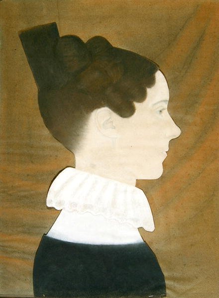 Mary Davis Denny portréja (pasztell, szén és színes papírkollázs kék szőtt papíron) alkotó: Ruth Henshaw Bascom