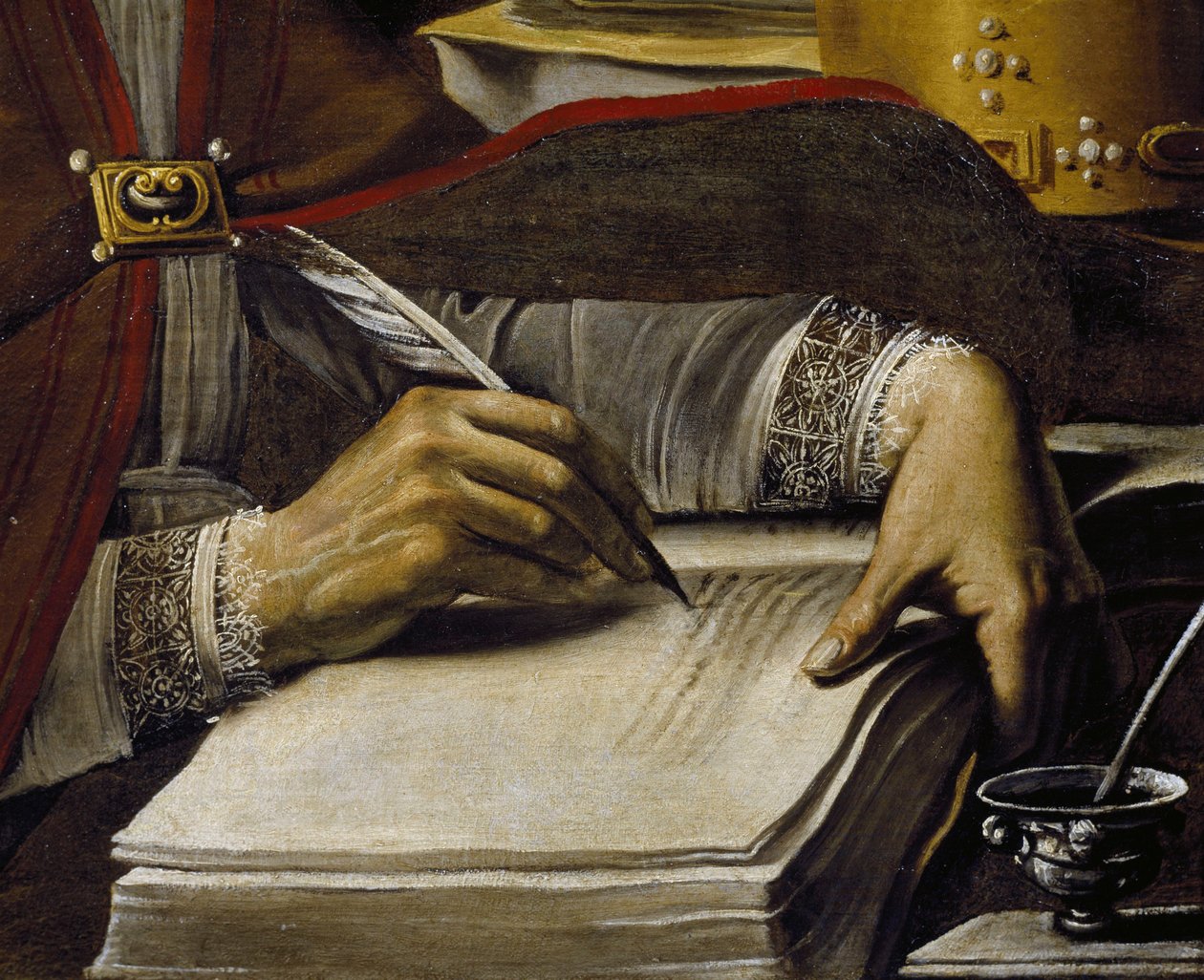 Kezek, írás tolltollal, Saint Ambrouse részlete, Rutilio Manetti (1571-1639), olaj, vászon, 67x89 cm alkotó: Rutilio Manetti