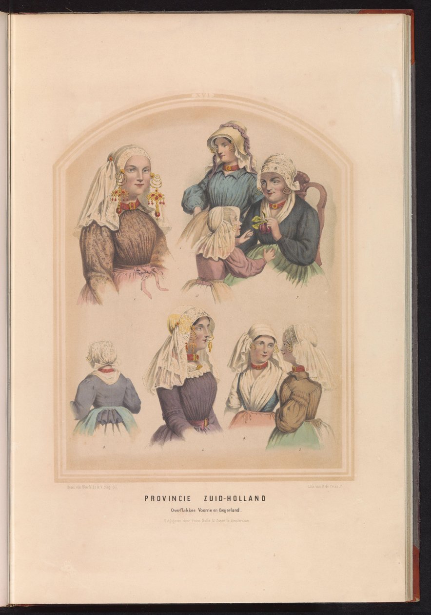 Overflakkee, Voorne és Oud-Beijerland hagyományos viselete Dél-Hollandiában, 1857 Dél-Hollandia tartomány Overflakkee Voorne és Beijerland / XVI (cím a tárgyon) alkotó: Ruurt de Vries