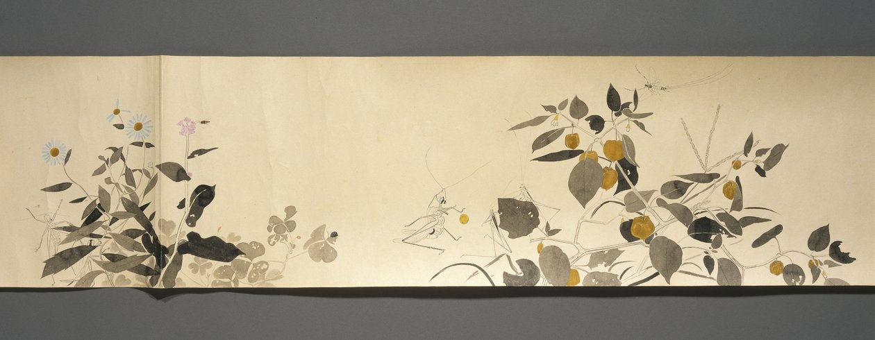Wildlife Friends (Yasei no Tomo), Taisho Period, Taisho 7th Year, 1918 körül (tinta és wc csillámmal díszített szőtt papíron) alkotó: Ryoka Kawakami