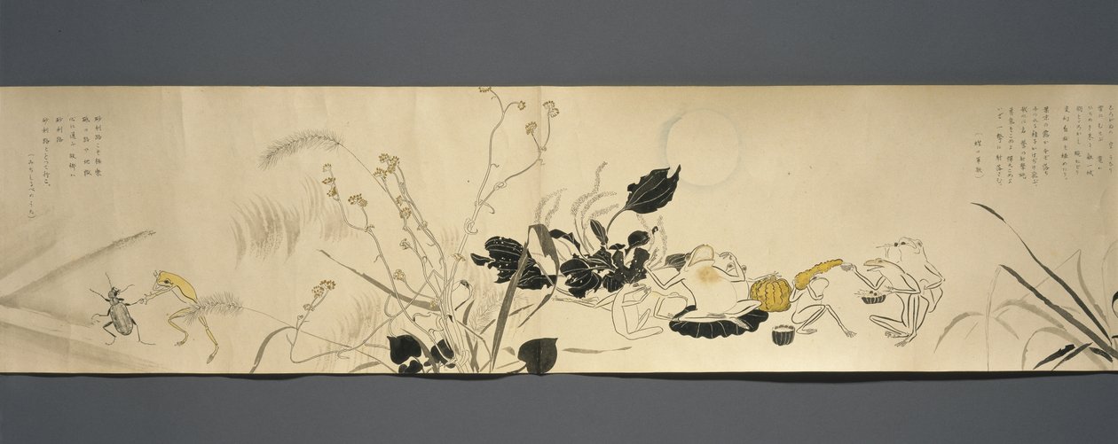 Wildlife Friends (Yasei no Tomo), Taisho Period, Taisho 7th Year, 1918 körül (tinta és wc csillámmal díszített szőtt papíron) alkotó: Ryoka Kawakami