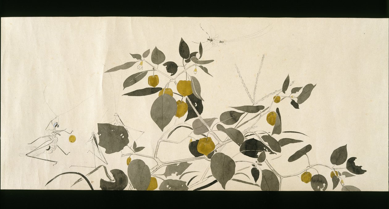 Wildlife Friends (Yasei no Tomo), Taisho Period, Taisho 7th Year, 1918 körül (tinta és wc csillámmal díszített szőtt papíron) alkotó: Ryoka Kawakami