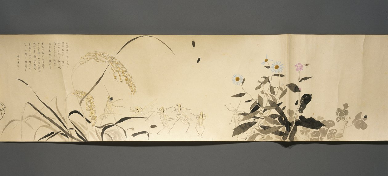 Wildlife Friends (Yasei no Tomo), Taisho Period, Taisho 7th Year, 1918 körül (tinta és wc csillámmal díszített szőtt papíron) alkotó: Ryoka Kawakami