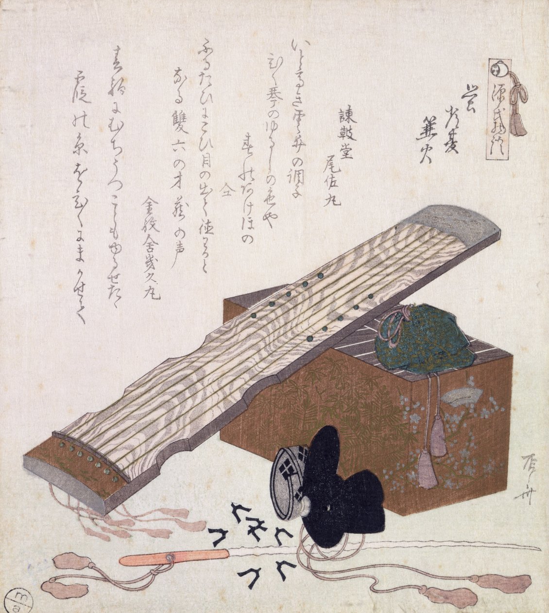 Csendélet Kotoval, 1810 körül (színes fatömbnyomat) alkotó: Ryuryukyo Shinsai