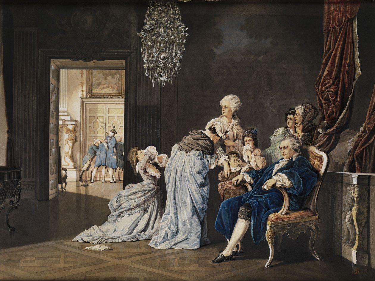 A francia királyi család (XVI. Lajos és Marie Antoinette) utolsó órái a Louvre-ban a forradalmárok betörése előtt. Akvarell festmény/gouache kartonra. 38x51 cm. Monogram „SG” és „1877” dátummal, jobbra lent alkotó: „SG“